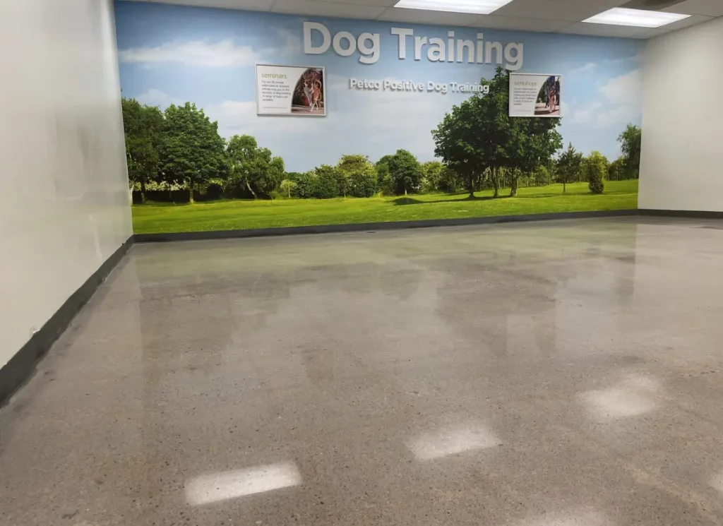 Concrete floor with a cream polish finish.
